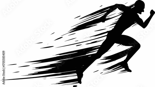 Silhouette of a runner in motion with abstract speed lines conveying dynamic movement and energy on white