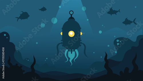 Deep sea exploration vector illustration ancient diving bell submarine marine life underwater scene
