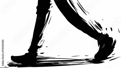 Silhouette of legs walking with brush stroke effect in black and white artistic representation style image