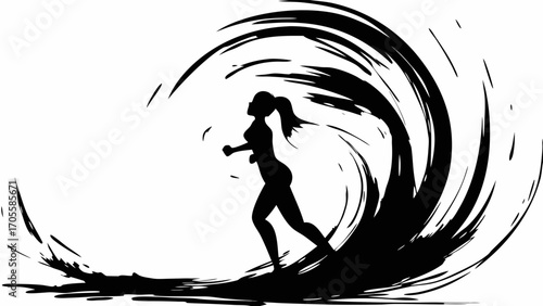 Silhouette of a woman running with swirling abstract black shapes surrounding her figure in motion art