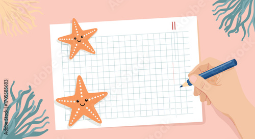 Cute starfish characters on a crossword puzzle with a hand writing.