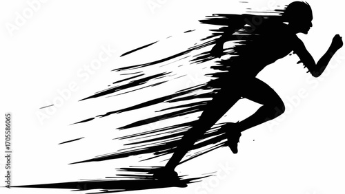 Silhouette of a runner in motion with speed lines suggesting rapid movement and dynamic energy on white background