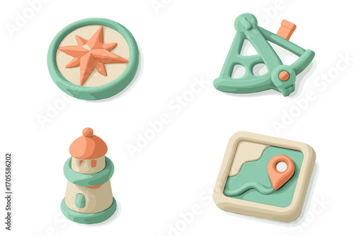 Stylized 3D rendered elements for navigation and travel, featuring a compass, sextant, lighthouse, and map with a location pin