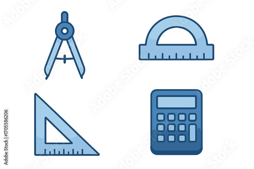 Blue school supplies and mathematical instruments with compass, protractor, set square, and calculator