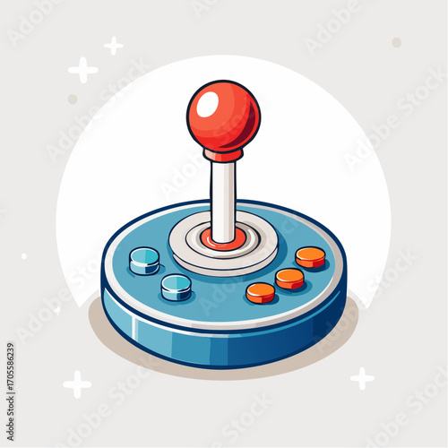 Stylized illustration of a classic arcade joystick with colorful buttons and a red stick
