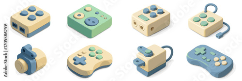 Isometric collection of retro game controllers and gaming accessories