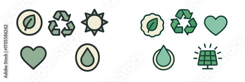 Ecology and sustainability icons set with leaf, recycle, sun, heart, water drop, and solar panel symbols