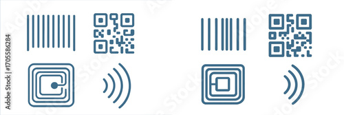 Barcode, QR code, RFID tag, and wireless signal icons