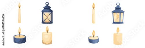 Burning wax candles in various shapes and decorative dark blue lanterns with glowing flames