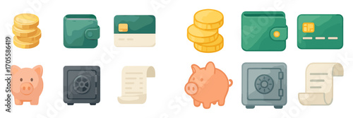 Financial symbols for banking, savings, and payments with coins, wallets, and credit cards