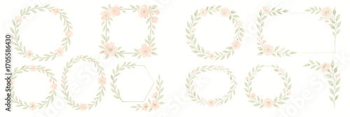 Collection of delicate floral wreaths and frames with soft peach blossoms and green leaves