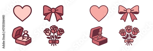 Elegant and romantic symbols for wedding and love celebrations, featuring a heart, bow, diamond ring, and a bouquet of roses