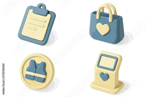 Four 3D icons: clipboard, handbag, safety vest, kiosk