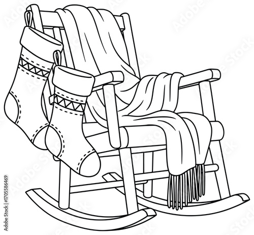 Christmas Stockings vector illustration showing two festive socks hanging on a cozy rocking chair with a warm blanket drawn in clean black line art style