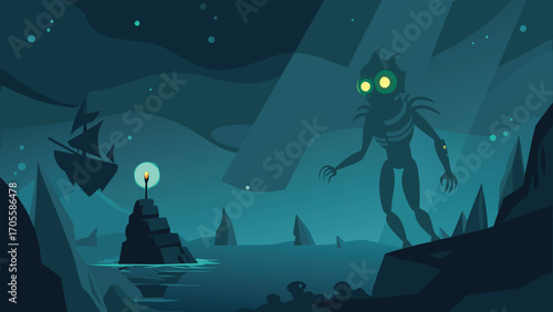 Mysterious deep sea bioluminescent creature in dark ocean abyss vector art