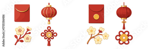 Chinese New Year traditional symbols set with red envelopes, lanterns, plum blossoms, and lucky knots