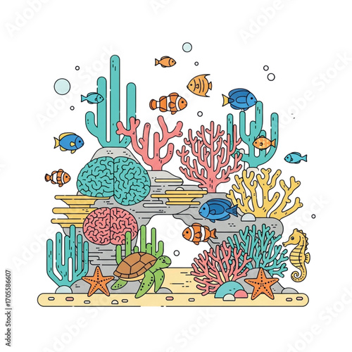 Vibrant Coral Reef Ecosystem with Diverse Marine Life.