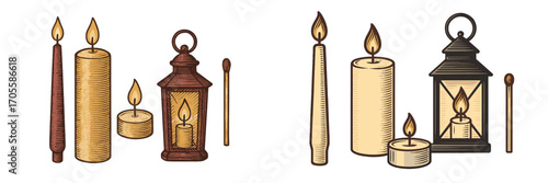 Lit candles and lanterns with matches, vintage etched style