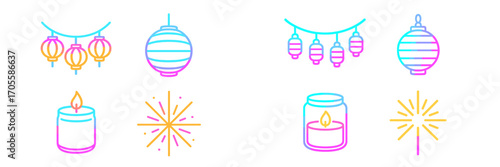 Gradient colored decorative lanterns, candles, and fireworks icons