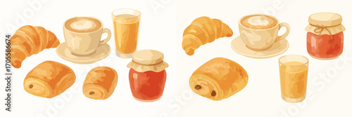 Flaky croissants, coffee, juice, and jam for a delightful breakfast spread
