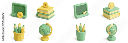 Vibrant collection of 3D school supplies and educational icons featuring books, globes, pencils, and chalkboards for learning and study