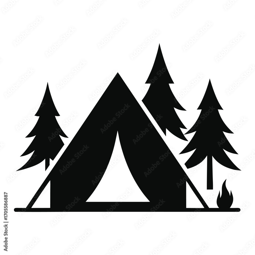 Obraz premium Black Silhouette of a Tent with Pine Trees and a Campfire Keywords: camping, tent, pine trees, campfire, silhouette, outdoor, adventure, nature, travel, wilderness, forest, illustration, vector