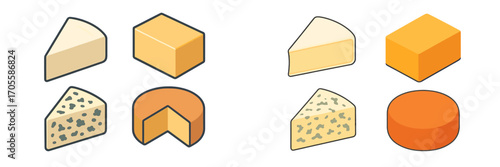 Collection of isometric cheese wedges and blocks in various styles