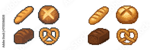 Pixel art collection of various baked goods and traditional bread items in a retro style