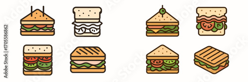 Stylized sandwiches and toasties with diverse fillings and cuts