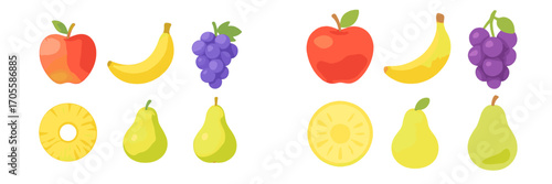 Assorted fresh fruits: apples, bananas, grapes, pears, pineapple slices