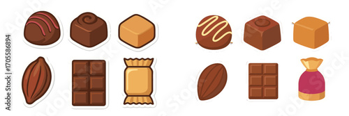 Assortment of chocolate candies, truffles, caramels, bars, and cocoa beans on white background
