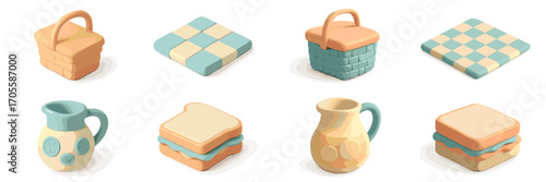 Stylized isometric picnic items set featuring baskets, checkered blanket, sandwiches, and beverage pitchers