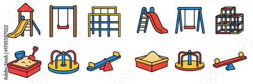 Outdoor playground equipment icons: slides, swings, climbing frames, sandboxes, merry-go-rounds, seesaws