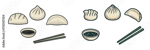 Delicious assortment of various dumplings and dipping sauce with chopsticks, presented in a charming hand-drawn style