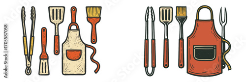 Barbecue grilling tools and apron set, vintage linocut style