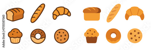 Assorted baked goods icons: bread, croissants, muffins, donuts, cookies