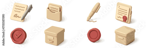 Collection of 3D icons representing documents, contracts, and archives