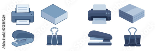 Office supplies icons set with printers, staplers, and binder clips in isometric view