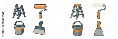 Essential home renovation and painting tools set including ladders, rollers, buckets, and spatulas