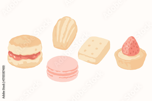 Watercolor style collection of various baked goods including a scone, macaron, madeleine, shortbread, and strawberry tart isolated on a white background