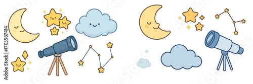 Cute cartoon moon, stars, clouds, and telescopes in a whimsical night sky