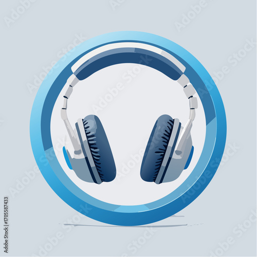 Stylized Illustration of Blue and White Headphones Inside a Circular Graphic Element