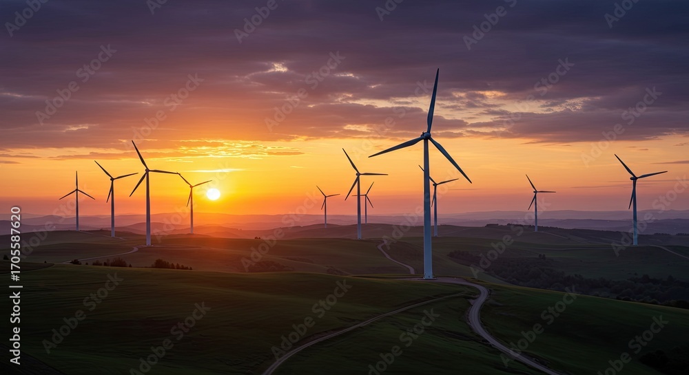 Obraz premium Wind Turbines on Green Hills at Golden Sunset with Dramatic Sky