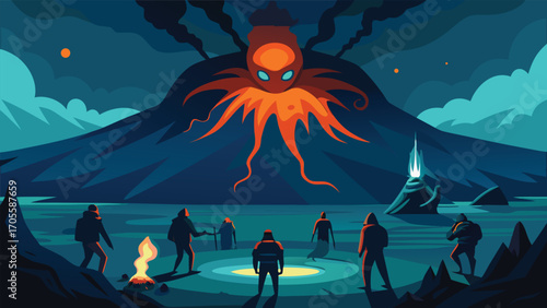 Deep sea exploration underwater giant creature volcano illustration vector eps scalable