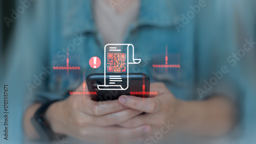 Person holding smartphone with QR code receipt and warning alert icon, representing online payment error, digital fraud, scam risk, cybersecurity threat, and financial transaction problem.