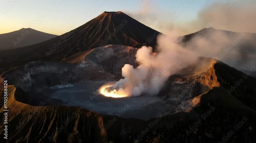 Majestic volcano crater with glowing lava and rising smoke at dawn, a ...