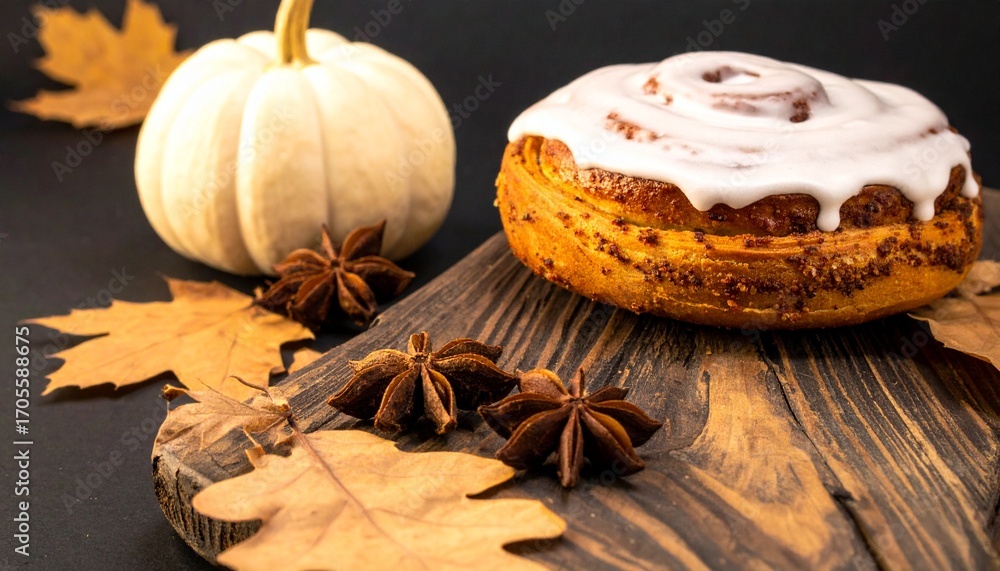 Fototapeta premium Autumnal Cinnamon Roll with Pumpkin and Star Anise