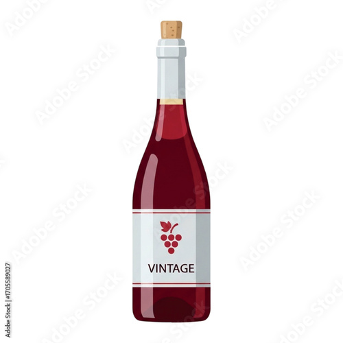 Vintage Red Wine Bottle With Grape Label.