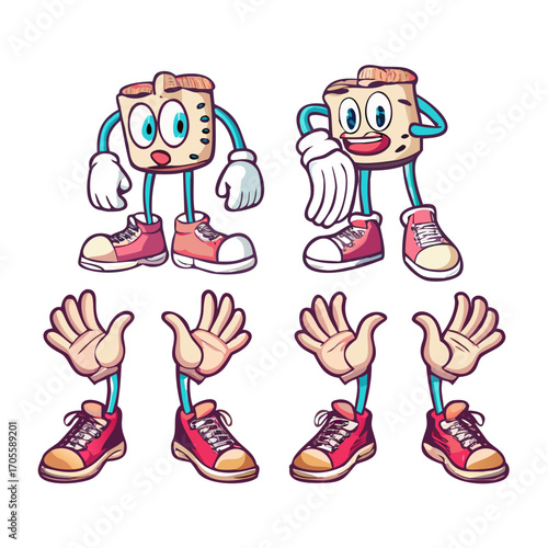 Cartoon groovy collection of legs with sneakers and retro rubber hose limbs, gloved hands and expressive faces for animation style. Vintage comic character parts for stickers or mascot ... See More