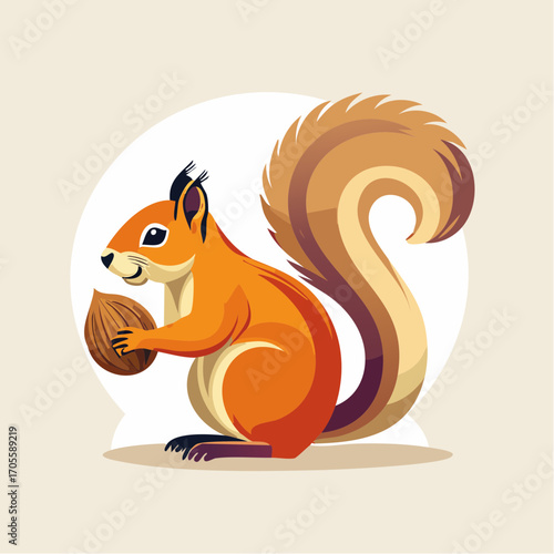 Vibrant cartoon squirrel holding a nut with a stylized design on a soft background